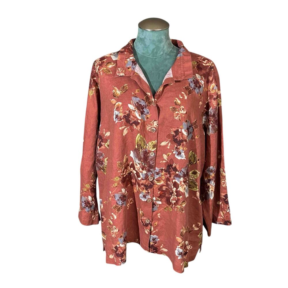 John Mark Tunic Style Rust Floral Button Front Shirt Size 2X